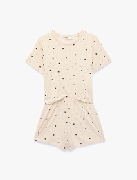 Rahat Kalıp Kalp Desenli Kısa Kollu Şortlu Pijama Takımı