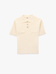 Slim Fit Yarım Düğme Detaylı Kısa Kollu Polo Yaka Triko Kazak