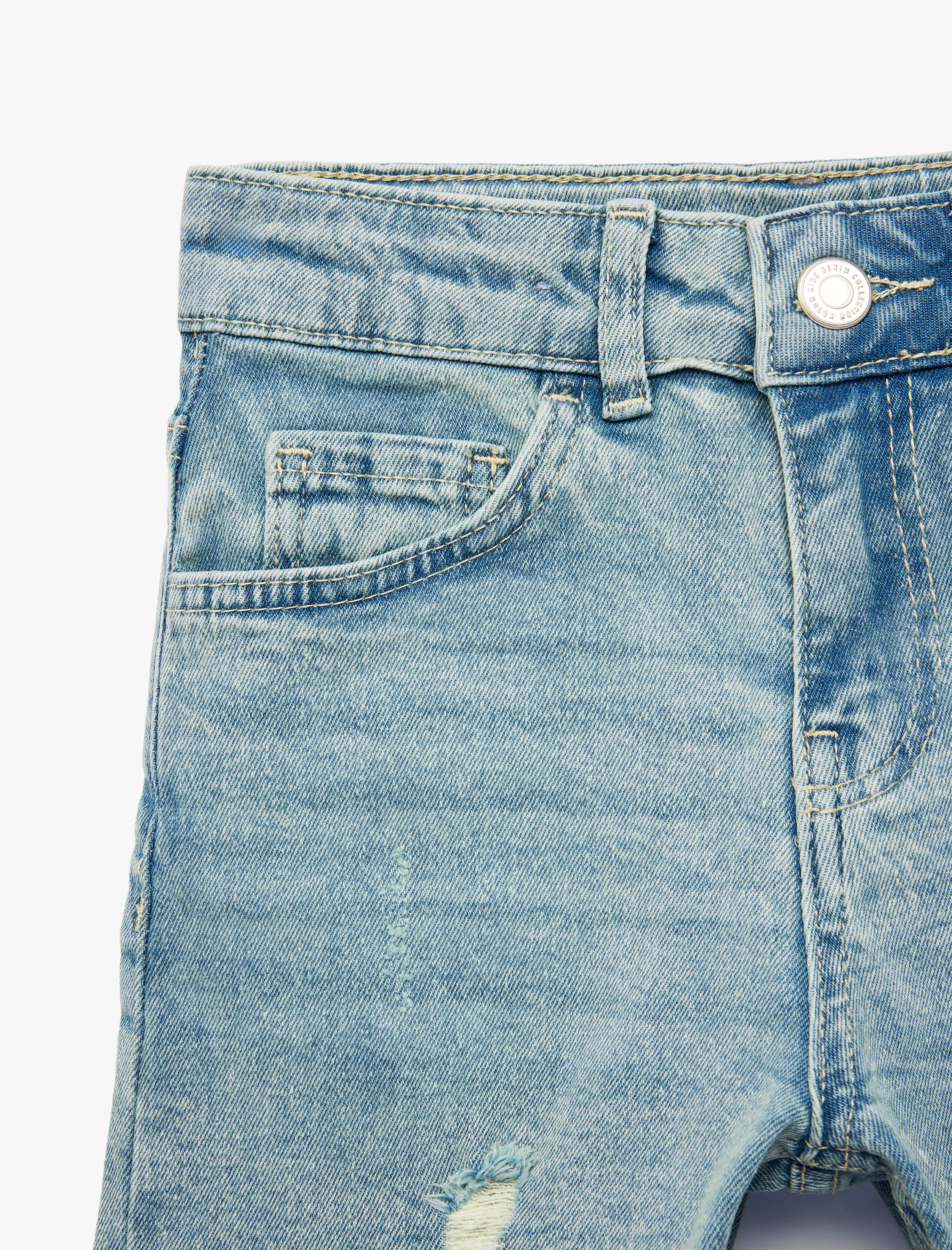  Erkek Çocuk Pamuklu Yıpratılmış Detaylı Düğmeli Cepli Bermuda Denim Şort