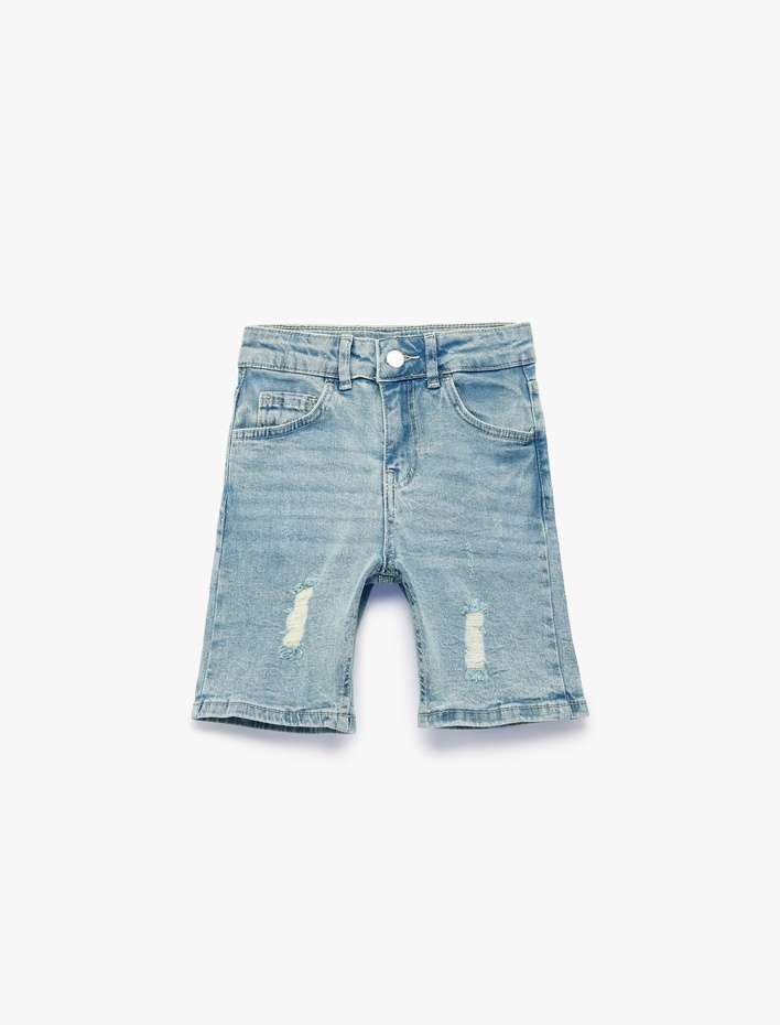 Erkek Çocuk Pamuklu Yıpratılmış Detaylı Düğmeli Cepli Bermuda Denim Şort