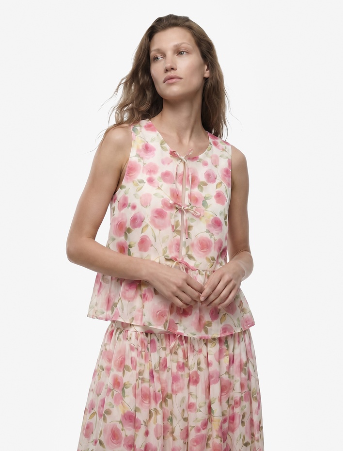  Önden Bağcıklı Fiyonklu Kolsuz Peplum Kesim Çizgili Çiçek Baskılı Şifon Bluz