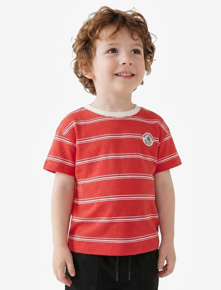 Erkek Bebek Pamuklu Kısa Kollu Bisiklet Yaka Oversize Çizgili Tişört