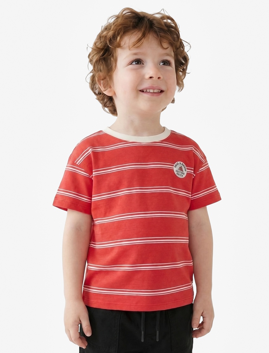 Kırmızı Erkek Bebek Pamuklu Kısa Kollu Bisiklet Yaka Oversize