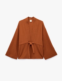 Beli Bağcıklı Uzun Kollu Kruvaze Kimono Ceket
