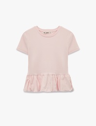 Slim Fit Kısa Kollu Bisiklet Yaka Balon Peplum Tişört