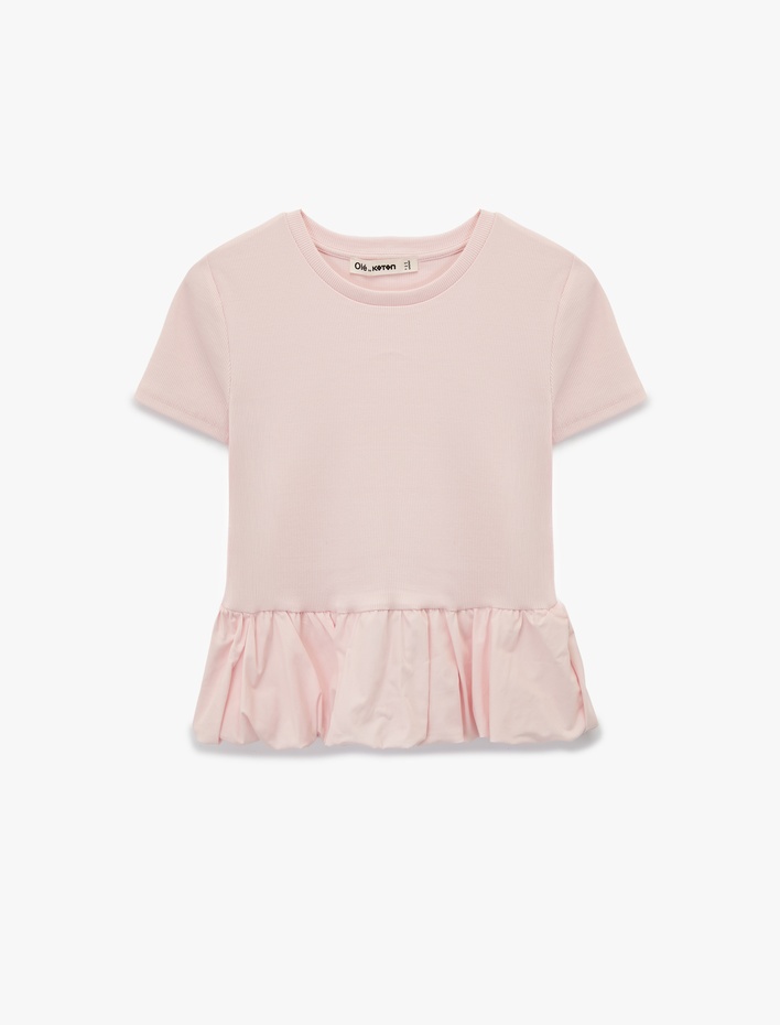  Slim Fit Kısa Kollu Bisiklet Yaka Balon Peplum Tişört