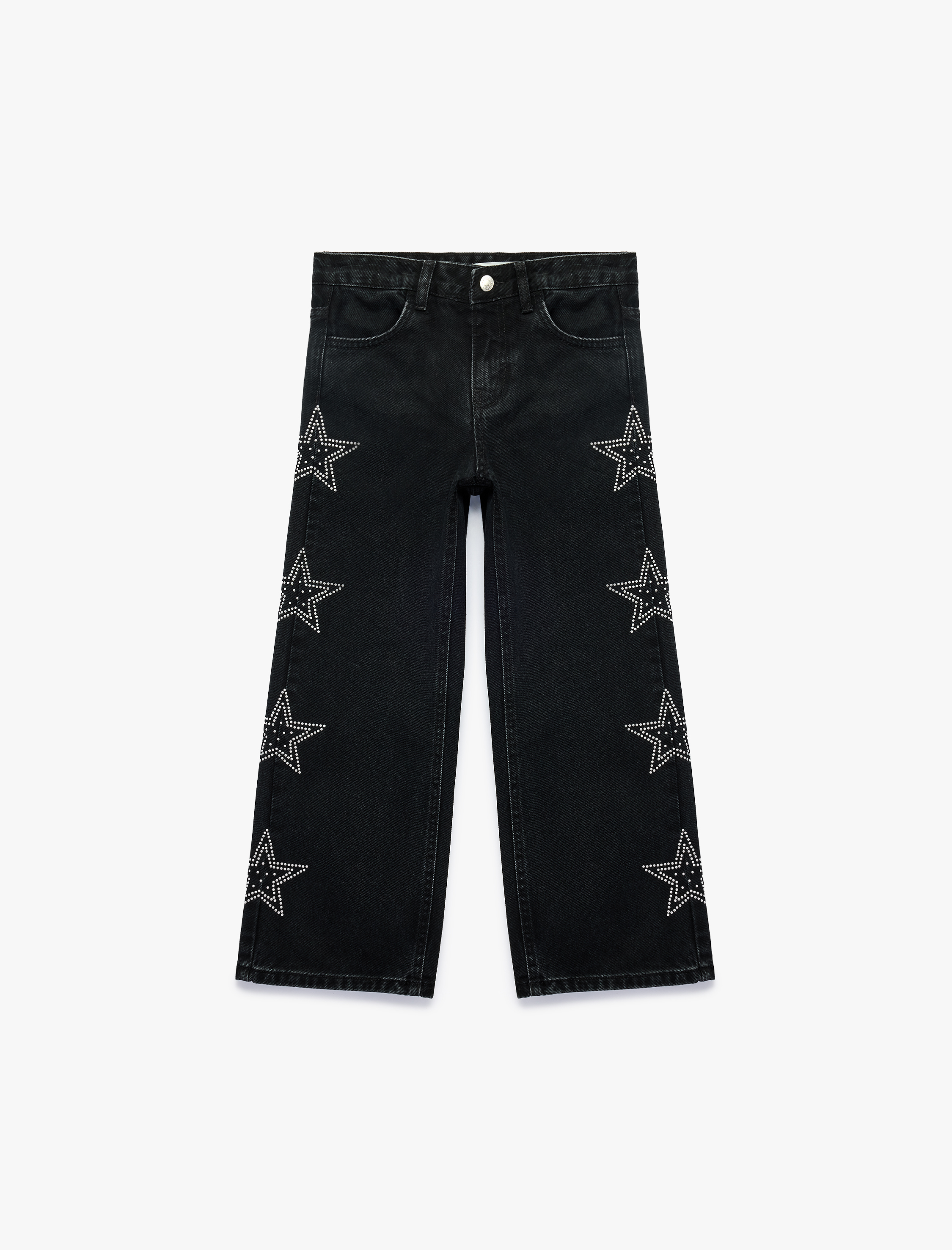  Kız Çocuk Pamuklu Yıldız Desenli Geniş Paça Denim Pantolon