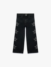Pamuklu Yıldız Desenli Geniş Paça Denim Pantolon