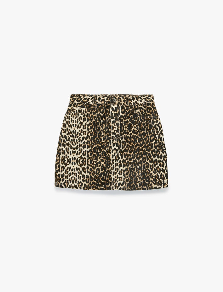  Taş Detaylı Yüksek Bel Pamuklu Mini Leopar Etek