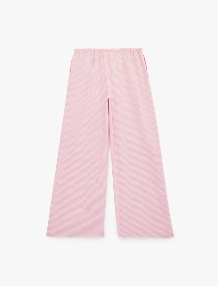  Koton X Sibil Çetinkaya - Pamuklu Beli Bağcıklı Geniş Paça Çizgili Poplin Pantolon