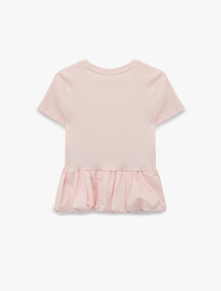  Slim Fit Kısa Kollu Bisiklet Yaka Balon Peplum Tişört