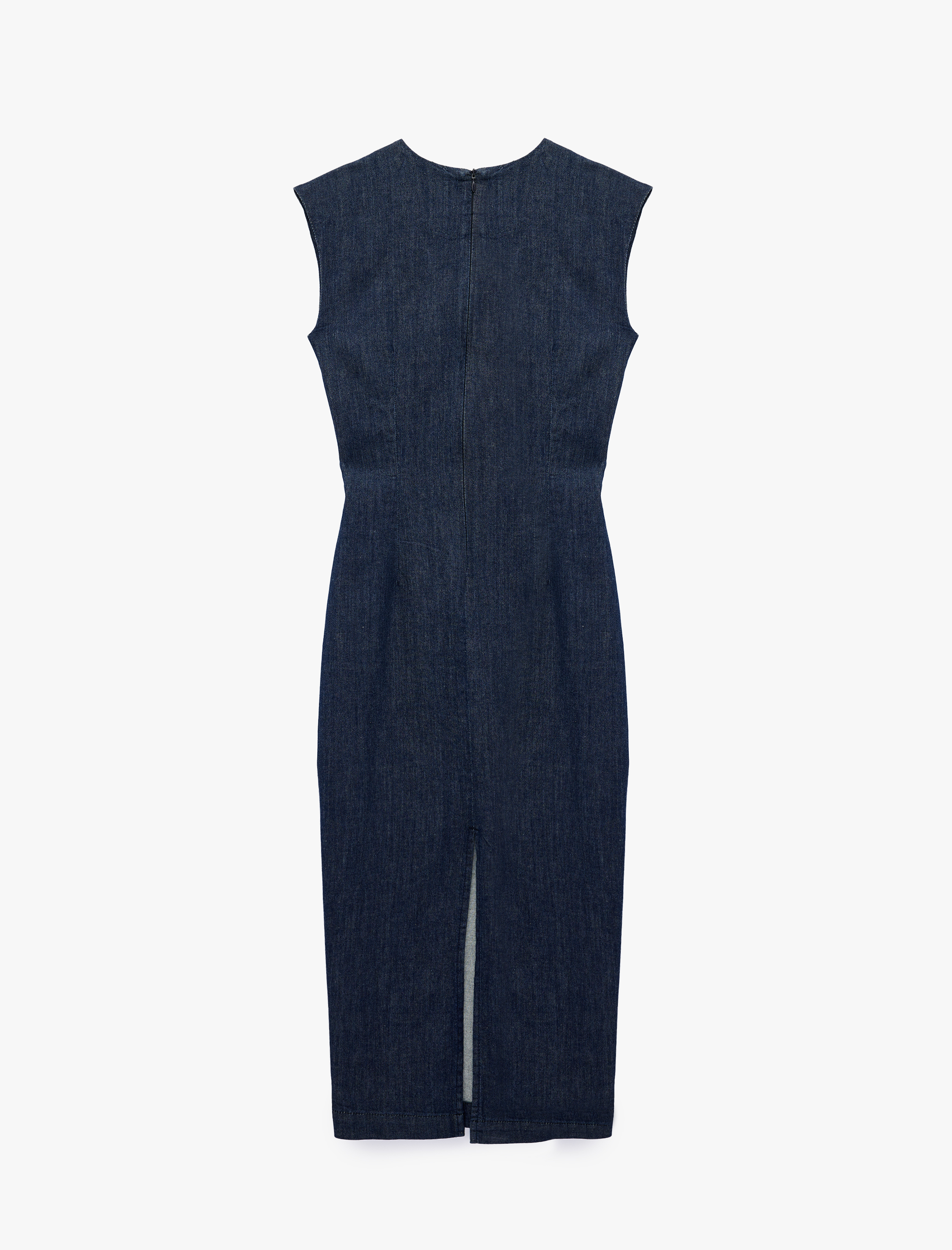   Metal Aksesuarlı Kolsuz Bisiklet Yaka Midi Denim Elbise
