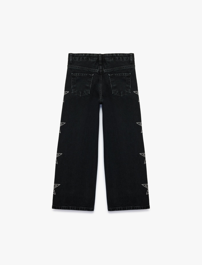 Kız Çocuk Pamuklu Yıldız Desenli Geniş Paça Denim Pantolon