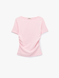 Kayık Yaka Kısa Kollu Slim Fit Pamuklu Büzgülü Tişört