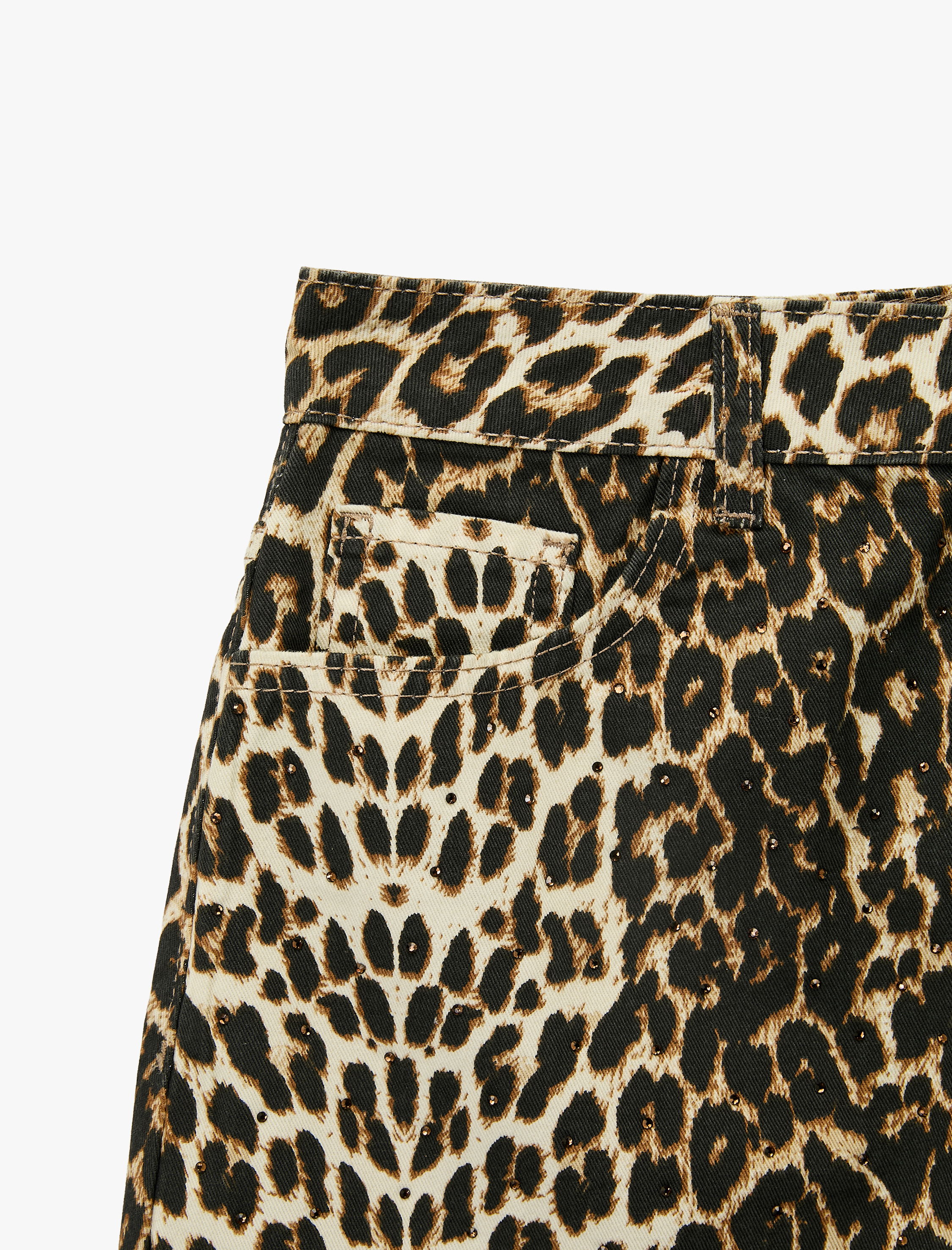   Taş Detaylı Yüksek Bel Pamuklu Mini Leopar Etek
