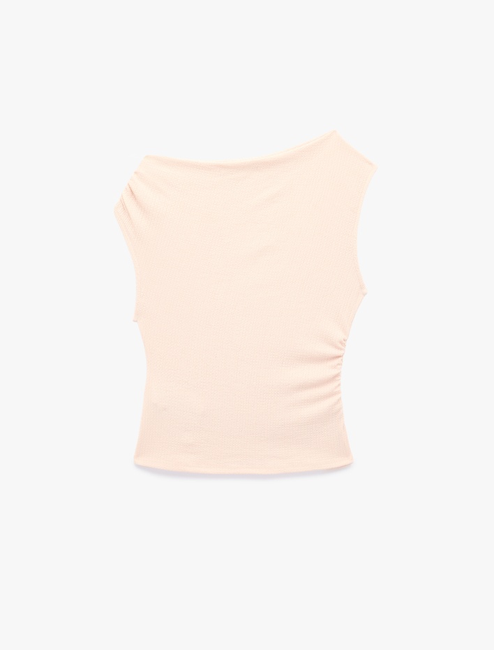  Slim Fit Asimetrik Yaka Kolsuz Drapeli Bluz