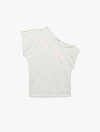 Viskon Karışımlı Slim Fit Kısa Kollu Omzu Açık Baskılı Tişört