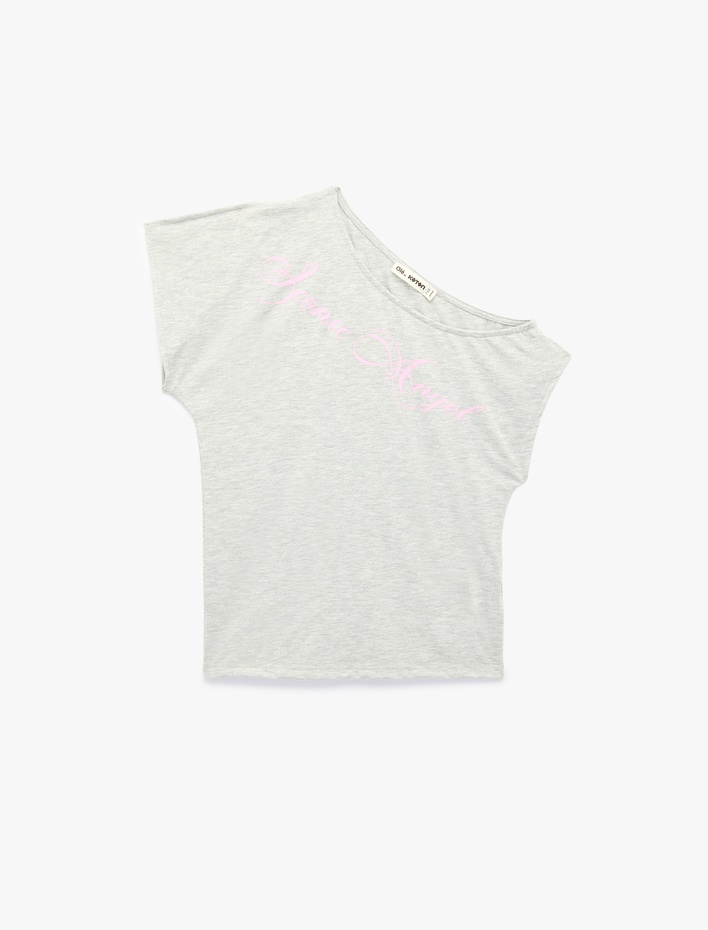  Viskon Karışımlı Slim Fit Kısa Kollu Omzu Açık Baskılı Tişört