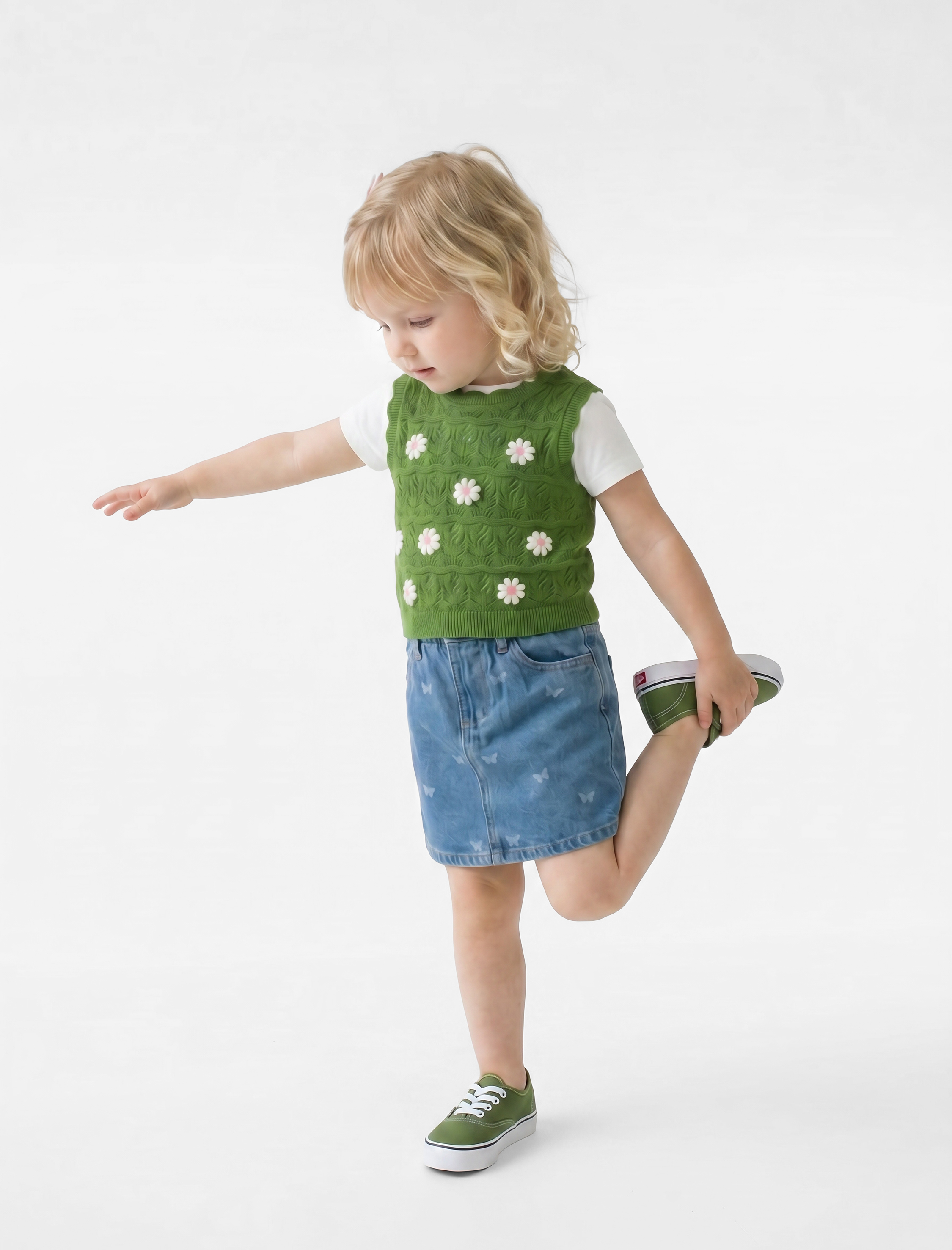  Kız Bebek Pamuklu Kelebek Desenli A Kesim Cepli Mini Denim Etek