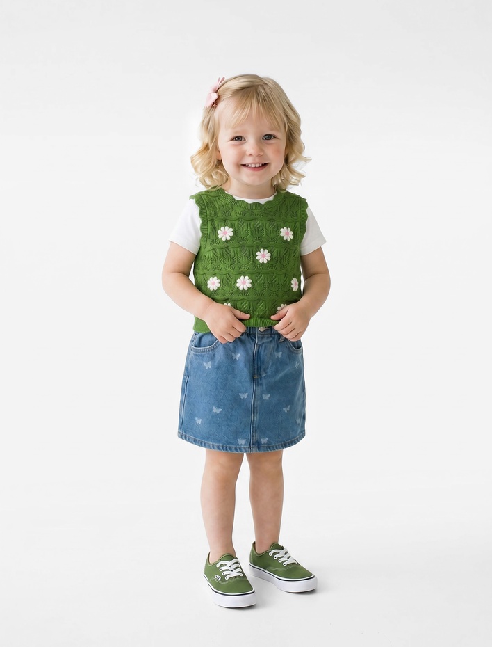 Kız Bebek Pamuklu Kelebek Desenli A Kesim Cepli Mini Denim Etek