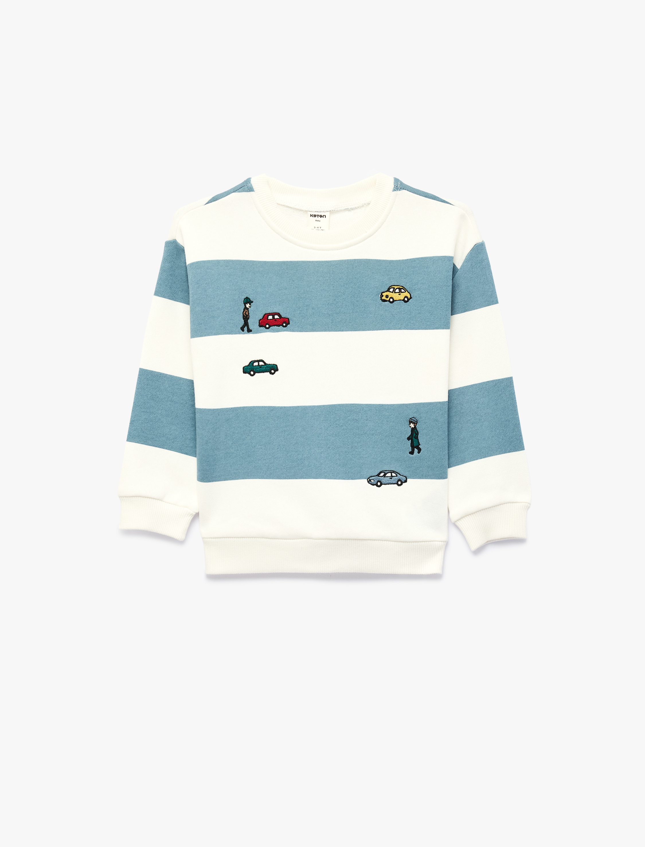  Erkek Bebek Uzun Kollu Bisiklet Yaka Nakışlı Pamuklu Çizgili Sweatshirt