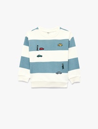 Uzun Kollu Bisiklet Yaka Nakışlı Pamuklu Çizgili Sweatshirt