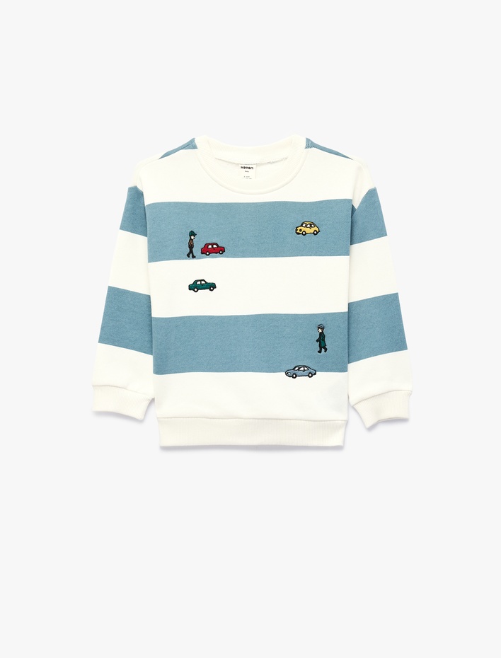 Erkek Bebek Uzun Kollu Bisiklet Yaka Nakışlı Pamuklu Çizgili Sweatshirt
