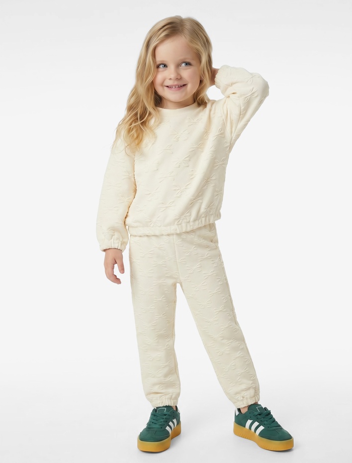 Kız Bebek Uzun Kollu Bisiklet Yaka Fiyonk Detaylı Dokulu Sweatshirt