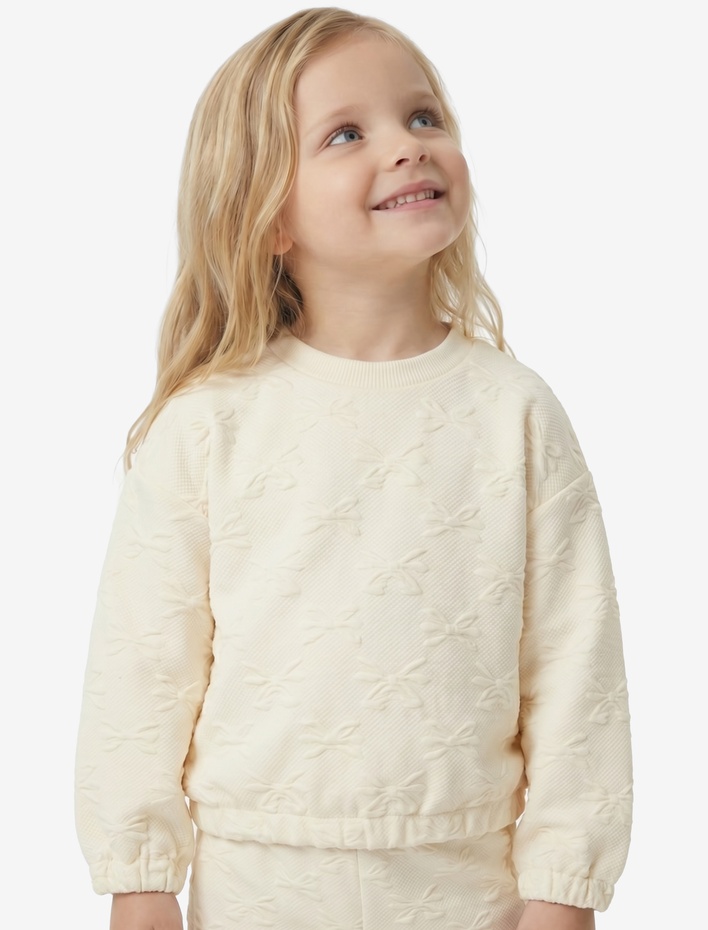 Kız Bebek Uzun Kollu Bisiklet Yaka Fiyonk Detaylı Dokulu Sweatshirt