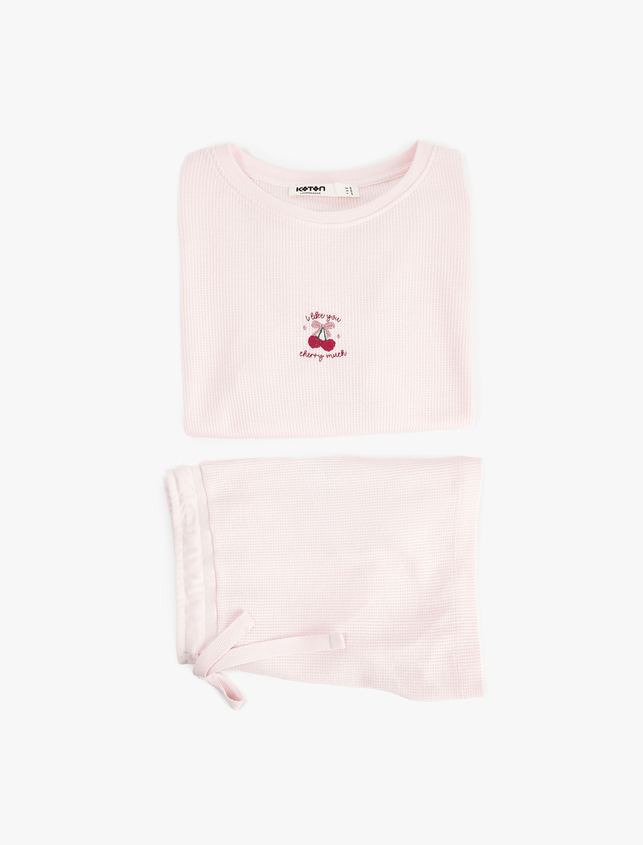   Kiraz Detaylı Bisiklet Yaka Kısa Kollu Dokulu Pijama Takımı