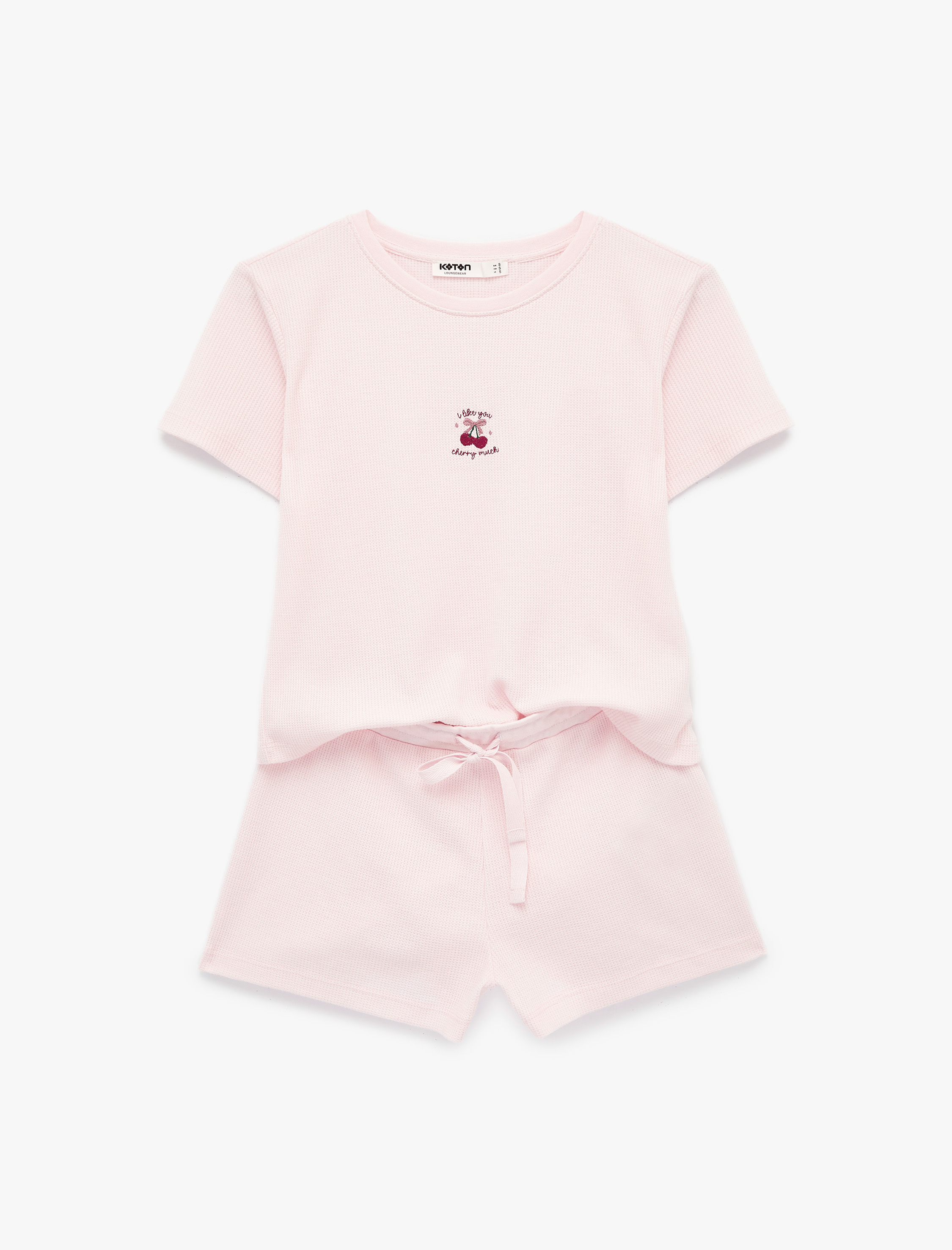   Kiraz Detaylı Bisiklet Yaka Kısa Kollu Dokulu Pijama Takımı