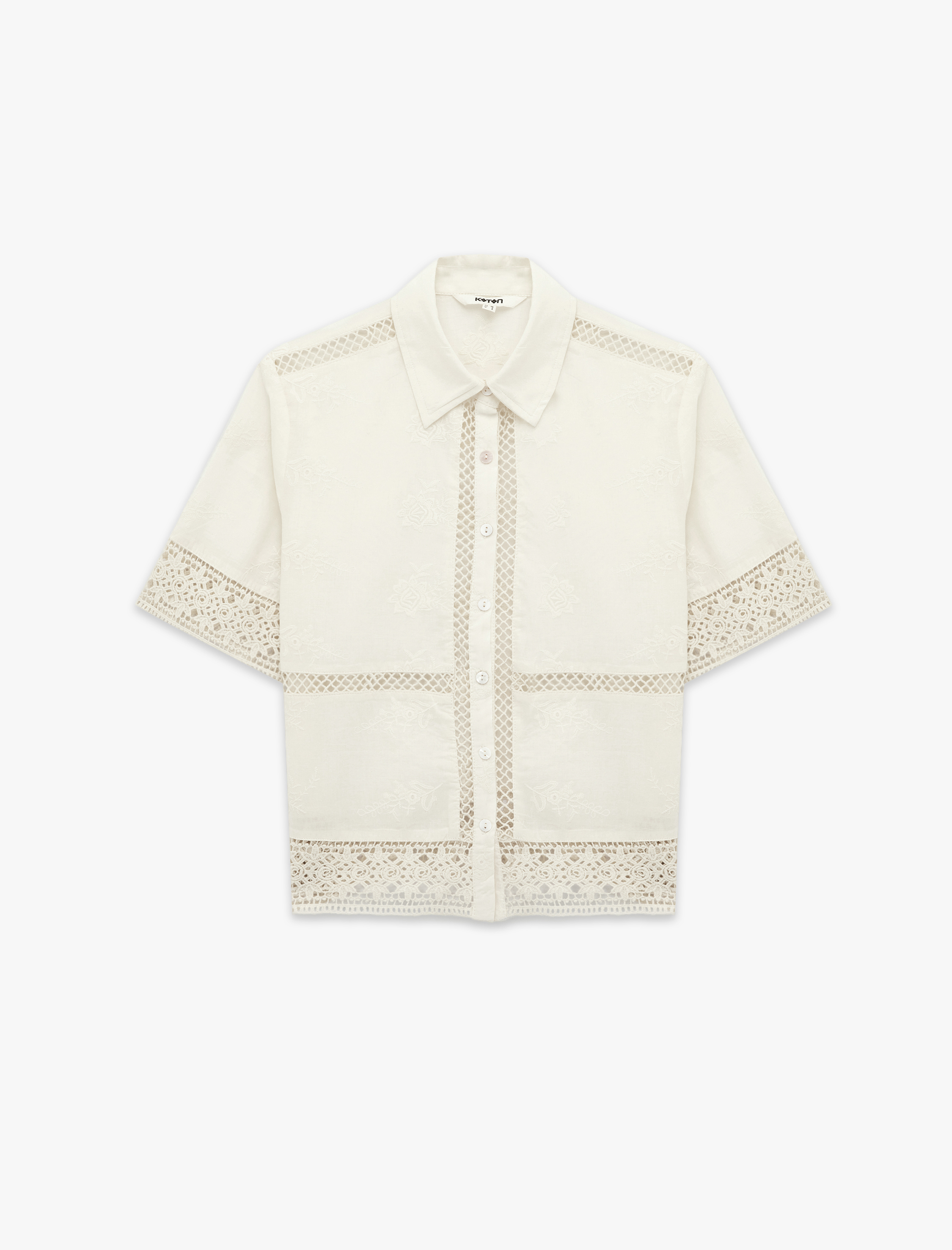   Pamuklu Floral Dokulu Dantel Kroşe Detaylı Kısa Kollu Crop Gömlek