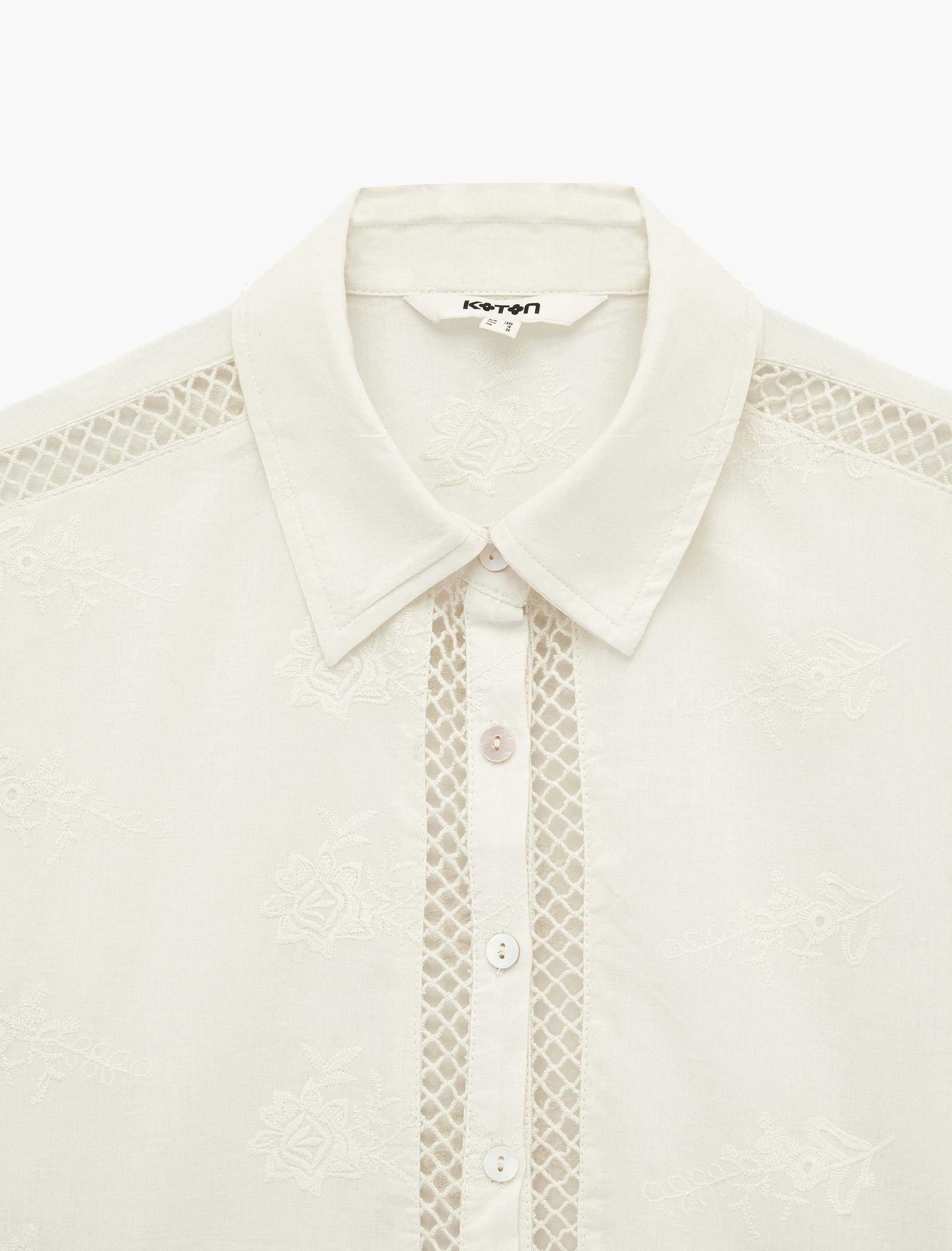   Pamuklu Floral Dokulu Dantel Kroşe Detaylı Kısa Kollu Crop Gömlek