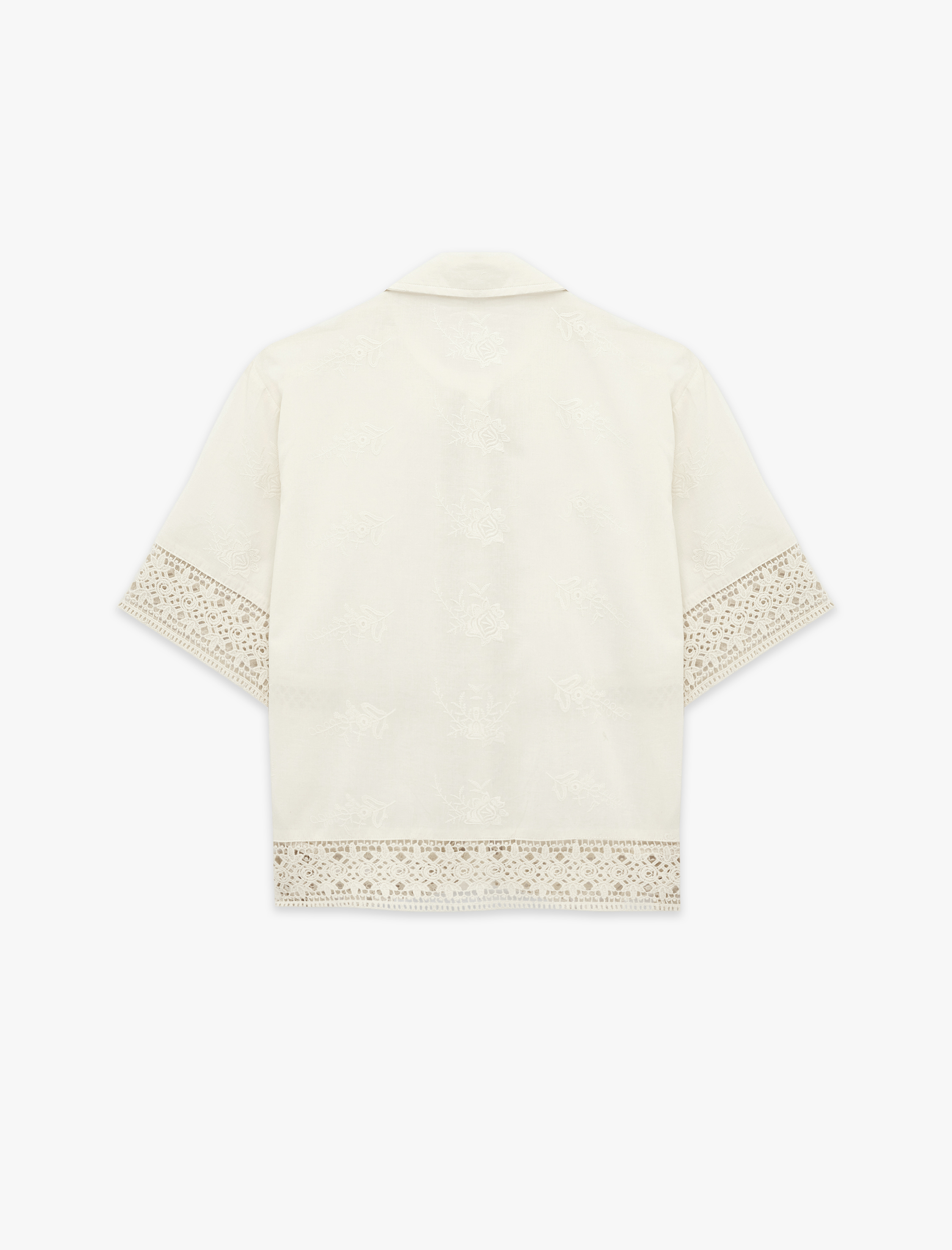   Pamuklu Floral Dokulu Dantel Kroşe Detaylı Kısa Kollu Crop Gömlek