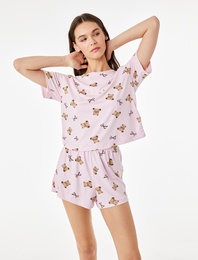 Desenli Kısa Kollu Bisiklet Yaka Şortlu Pijama Takımı