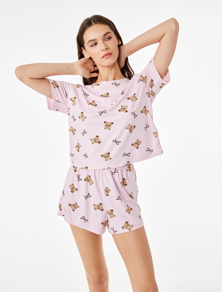  Desenli Kısa Kollu Bisiklet Yaka Şortlu Pijama Takımı