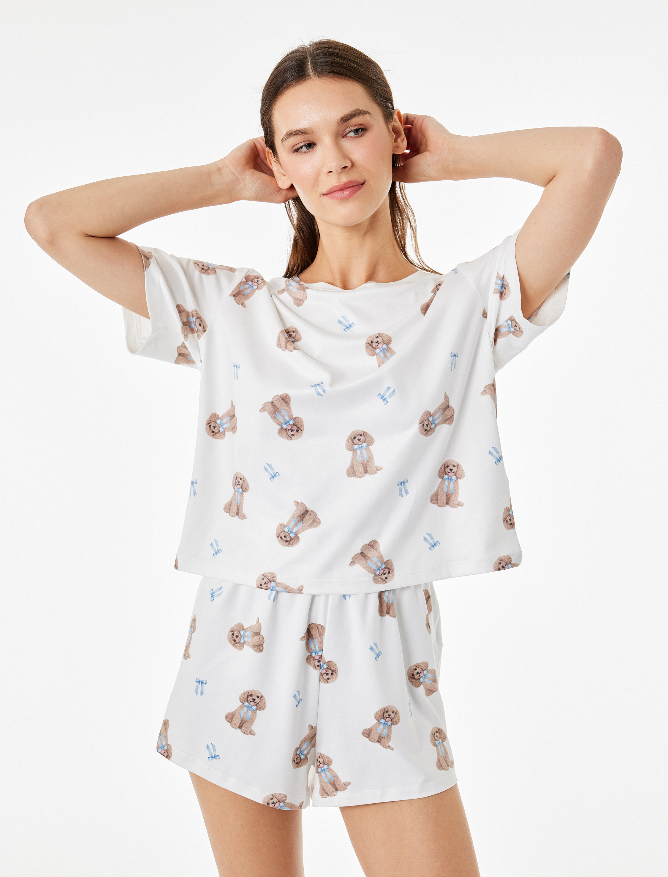   Köpek Baskılı Rahat Kesim Köpek Baskılı Şortlu Pijama Takımı