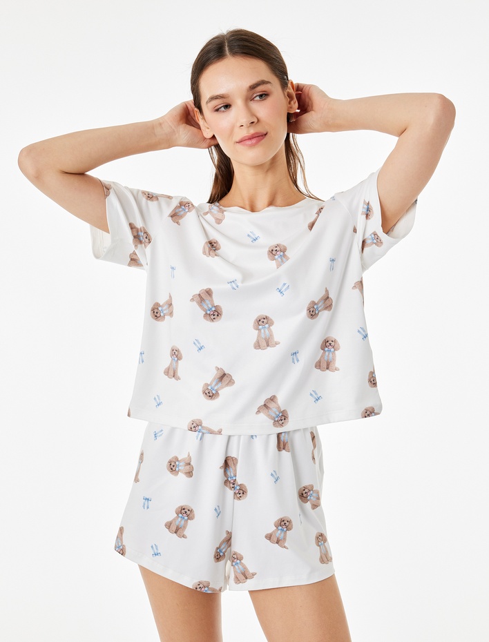  Köpek Baskılı Rahat Kesim Köpek Baskılı Şortlu Pijama Takımı