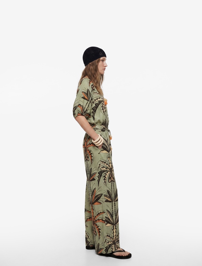  Viskon Bağcıklı Yuvarlak Yaka Karpuz Kollu Floral Oversize Bluz