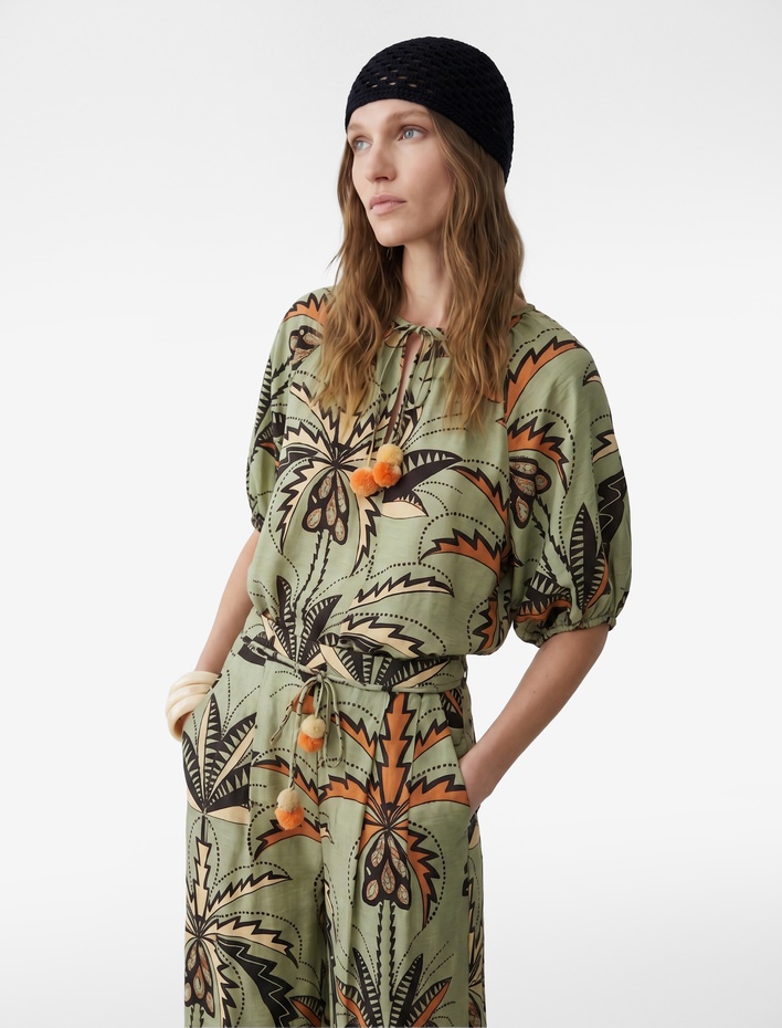  Viskon Bağcıklı Yuvarlak Yaka Karpuz Kollu Floral Oversize Bluz