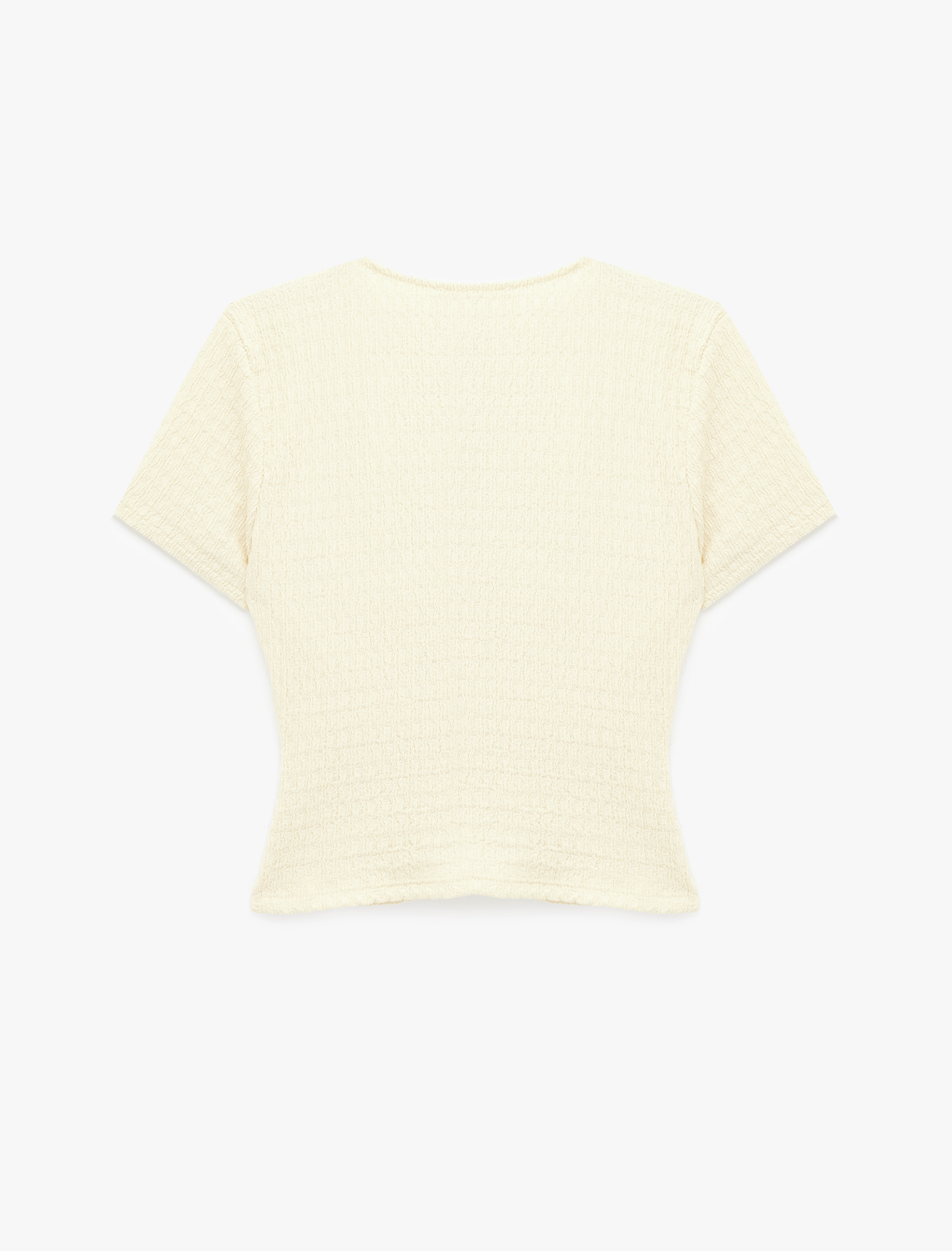  Bürümcük Kumaş Dokulu Slim Fit Kısa Kollu Pencere Detaylı Drapeli Bel Vurgulu Crop Bluz