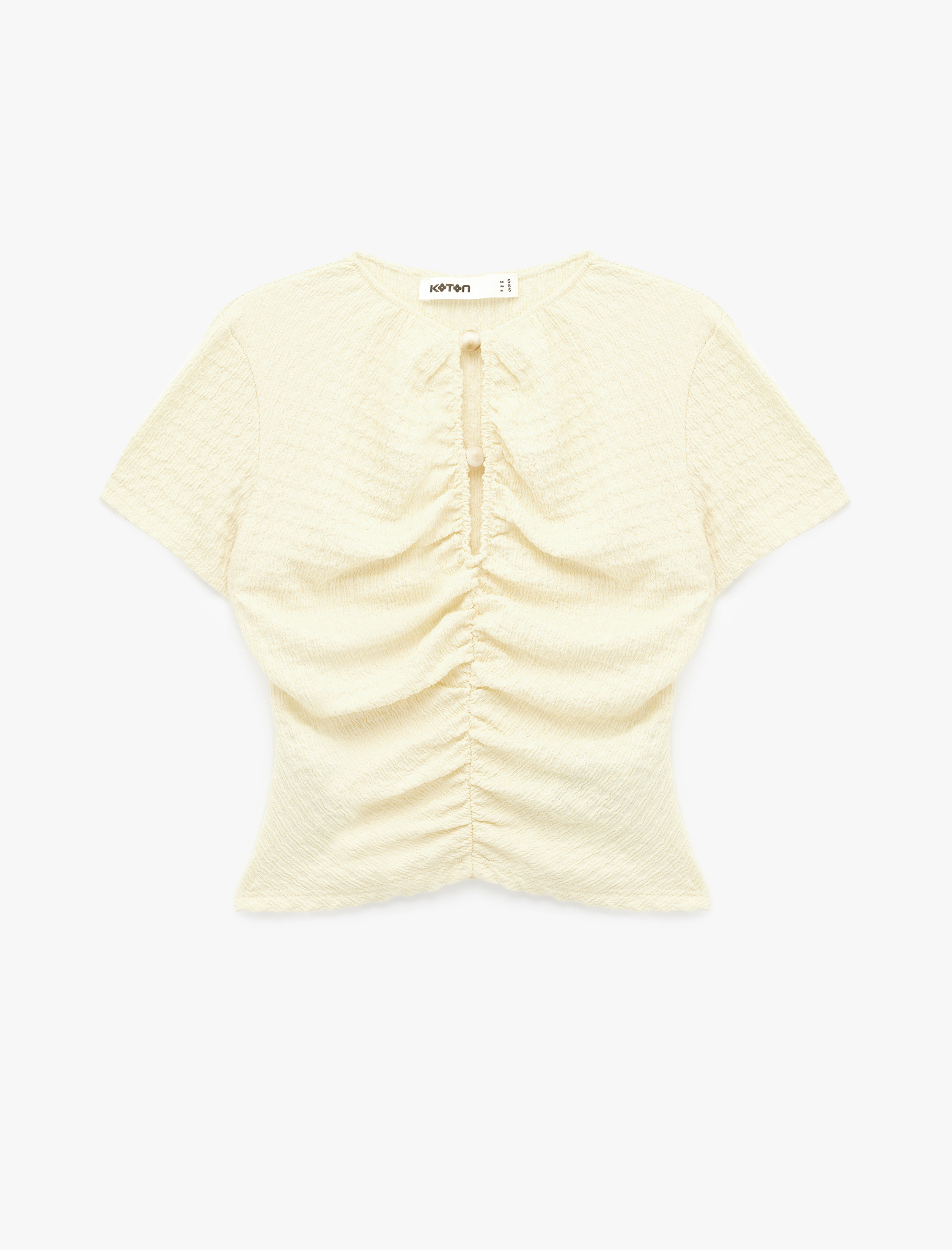   Bürümcük Kumaş Dokulu Slim Fit Kısa Kollu Pencere Detaylı Drapeli Bel Vurgulu Crop Bluz