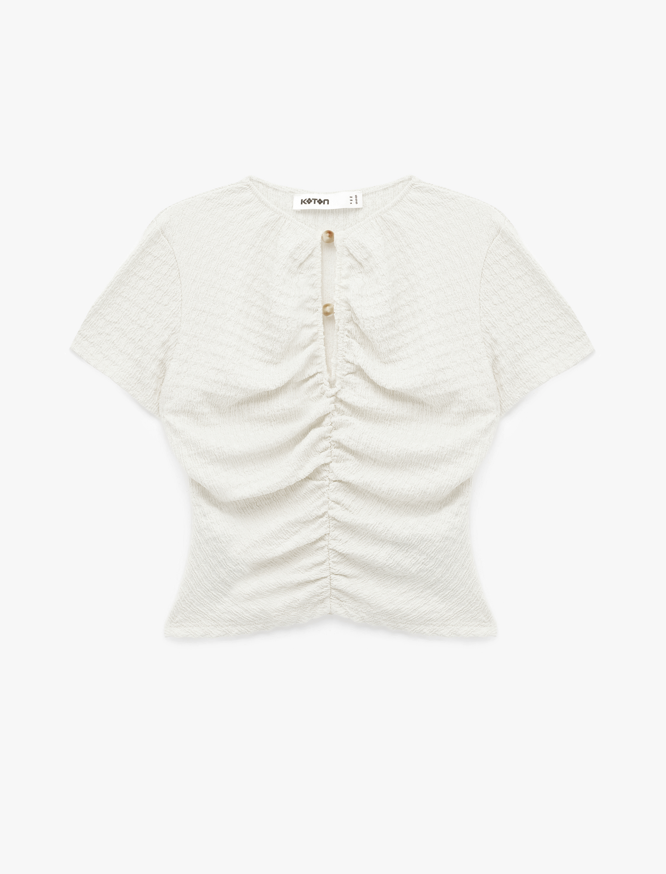   Bürümcük Kumaş Dokulu Slim Fit Kısa Kollu Pencere Detaylı Drapeli Bel Vurgulu Crop Bluz