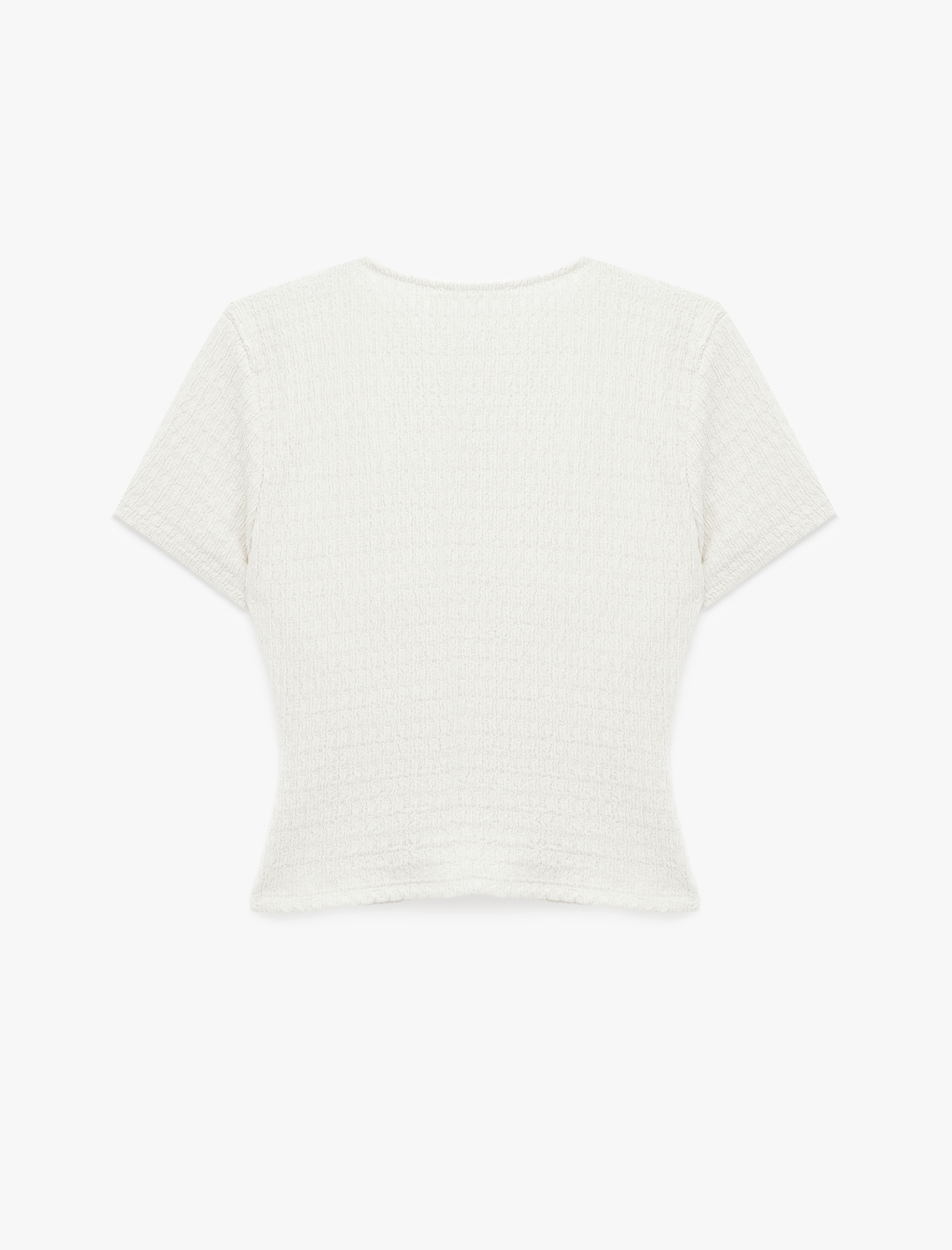   Bürümcük Kumaş Dokulu Slim Fit Kısa Kollu Pencere Detaylı Drapeli Bel Vurgulu Crop Bluz