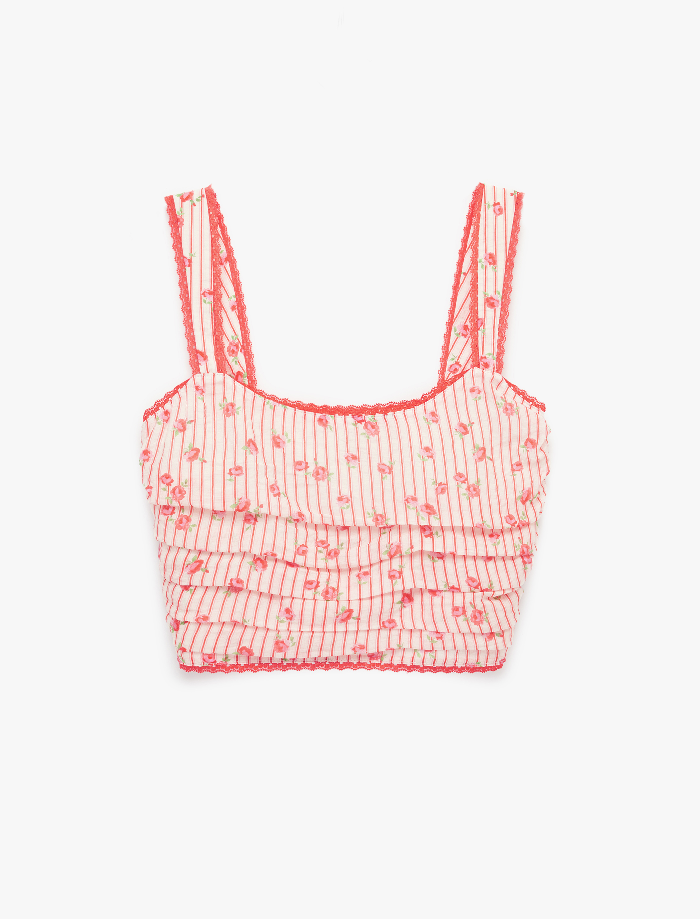   Slim Fit Dantel Detaylı Kare Yaka Askılı Çizgili Çiçekli Crop Büstiyer