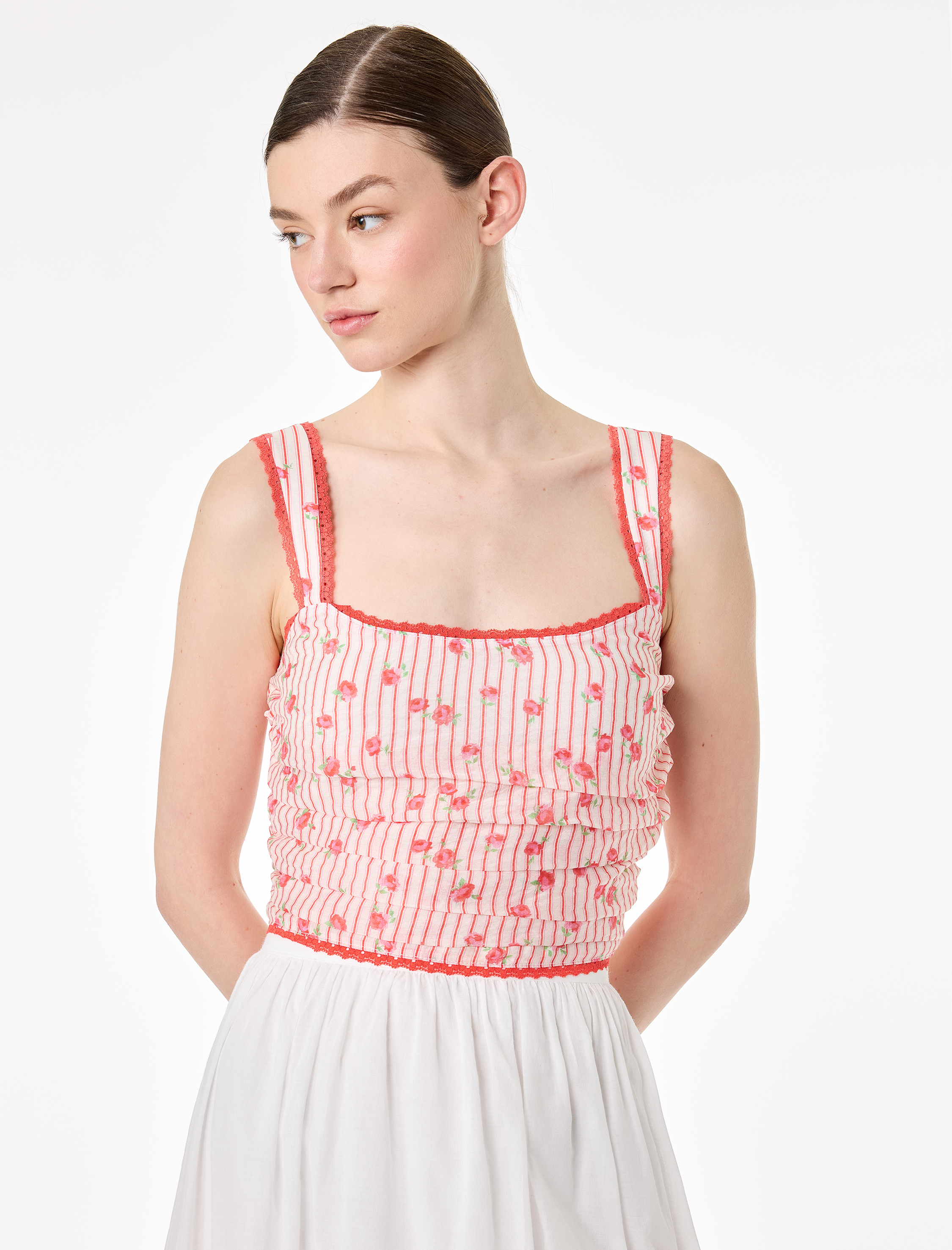   Slim Fit Dantel Detaylı Kare Yaka Askılı Çizgili Çiçekli Crop Büstiyer