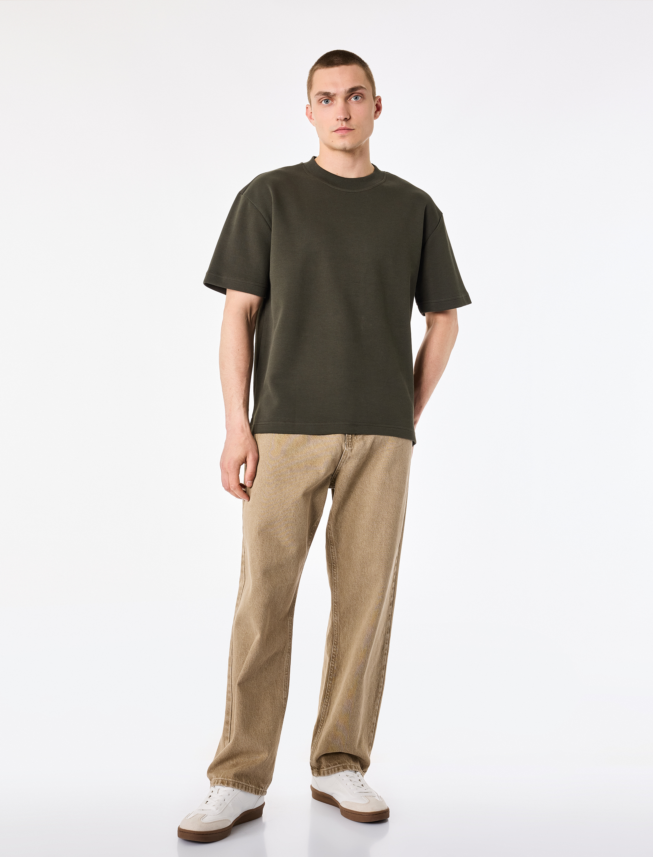   Pamuklu Kısa Kollu Pike Kumaş Bisiklet Yaka Basic Oversize Tişört