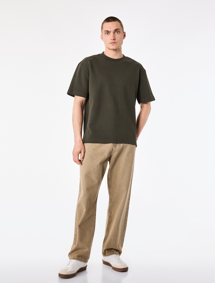  Pamuklu Kısa Kollu Pike Kumaş Bisiklet Yaka Basic Oversize Tişört