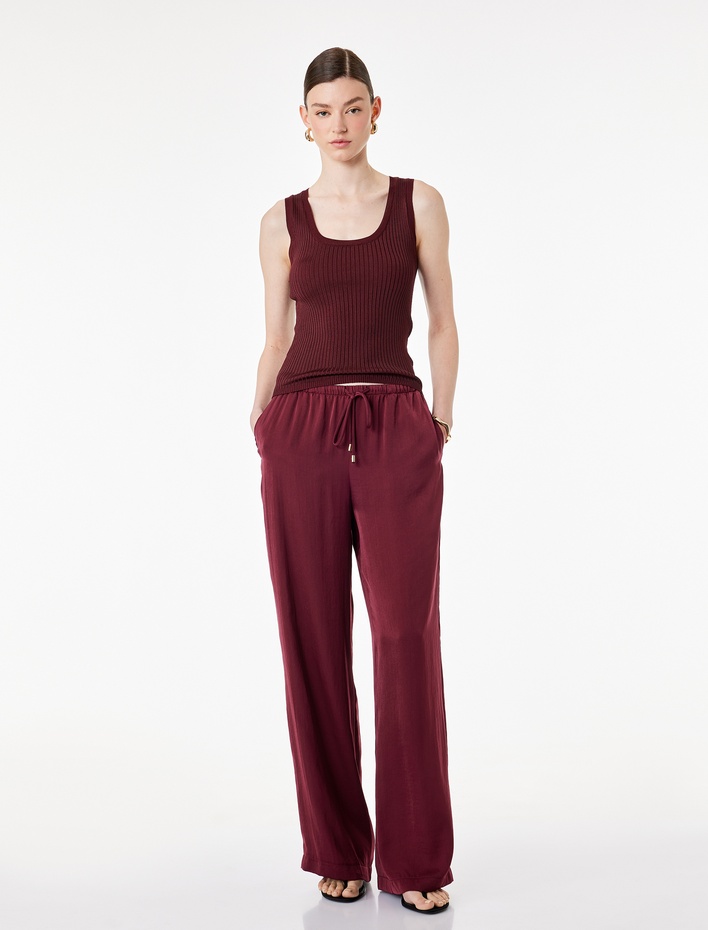  Aerobin Kumaş Straight Fit Cepli Düz Geniş Paça Saten Pantolon