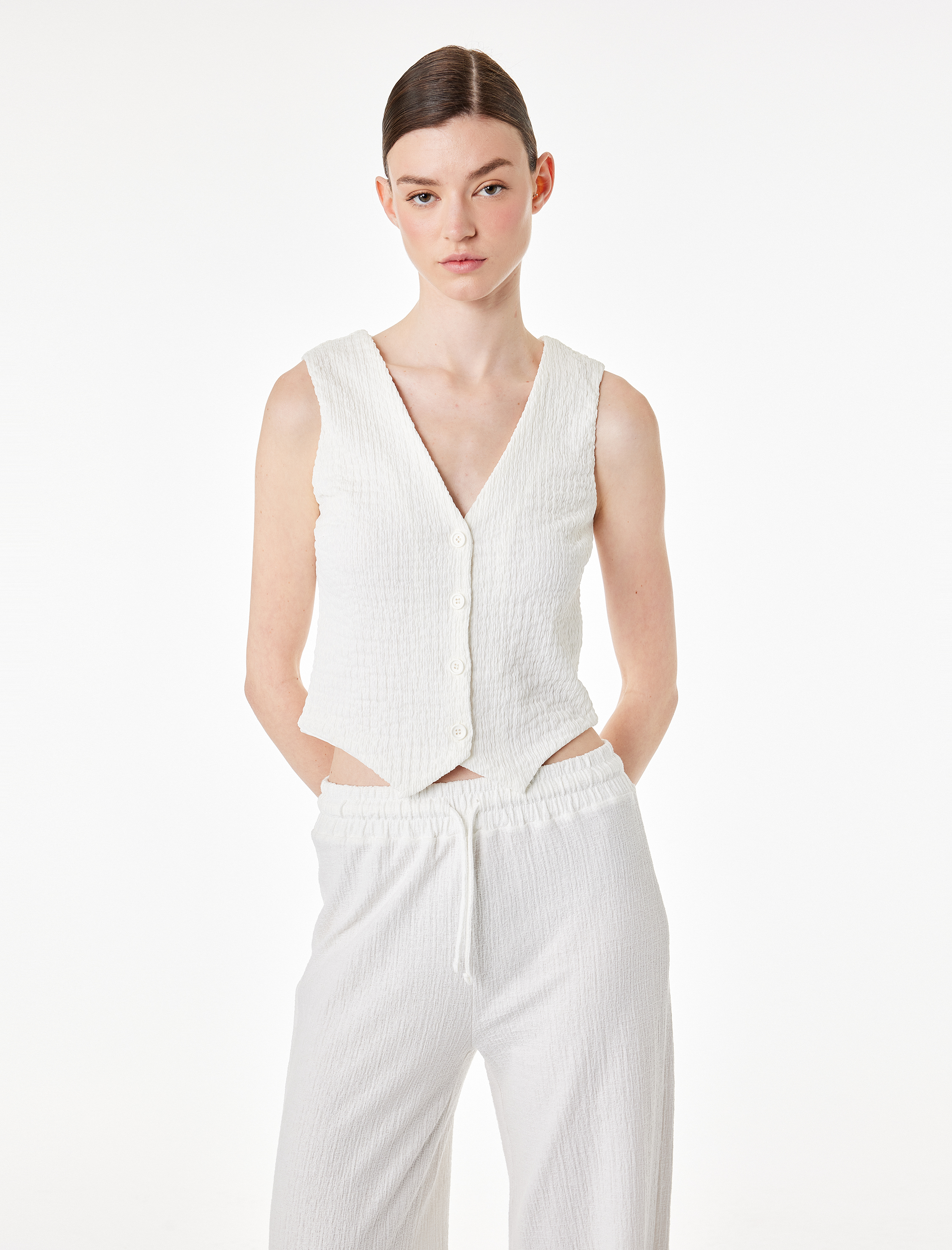   Bürümcük Kumaş Slim Fit V Yaka Düğmeli Yelek